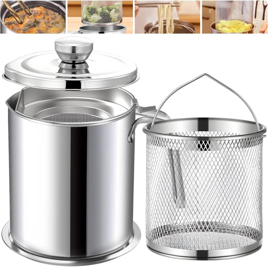 Chihee Récipient à Graisse Friteuse 2 en 1 Acier inoxydable Graisse Bacon en Acier avec Filtre à Mailles Fines Panier à friture 2L Pot à huile Boîte à Graisse avec Couvercle Assiette Plateau Argent(avec Panier À Friture)