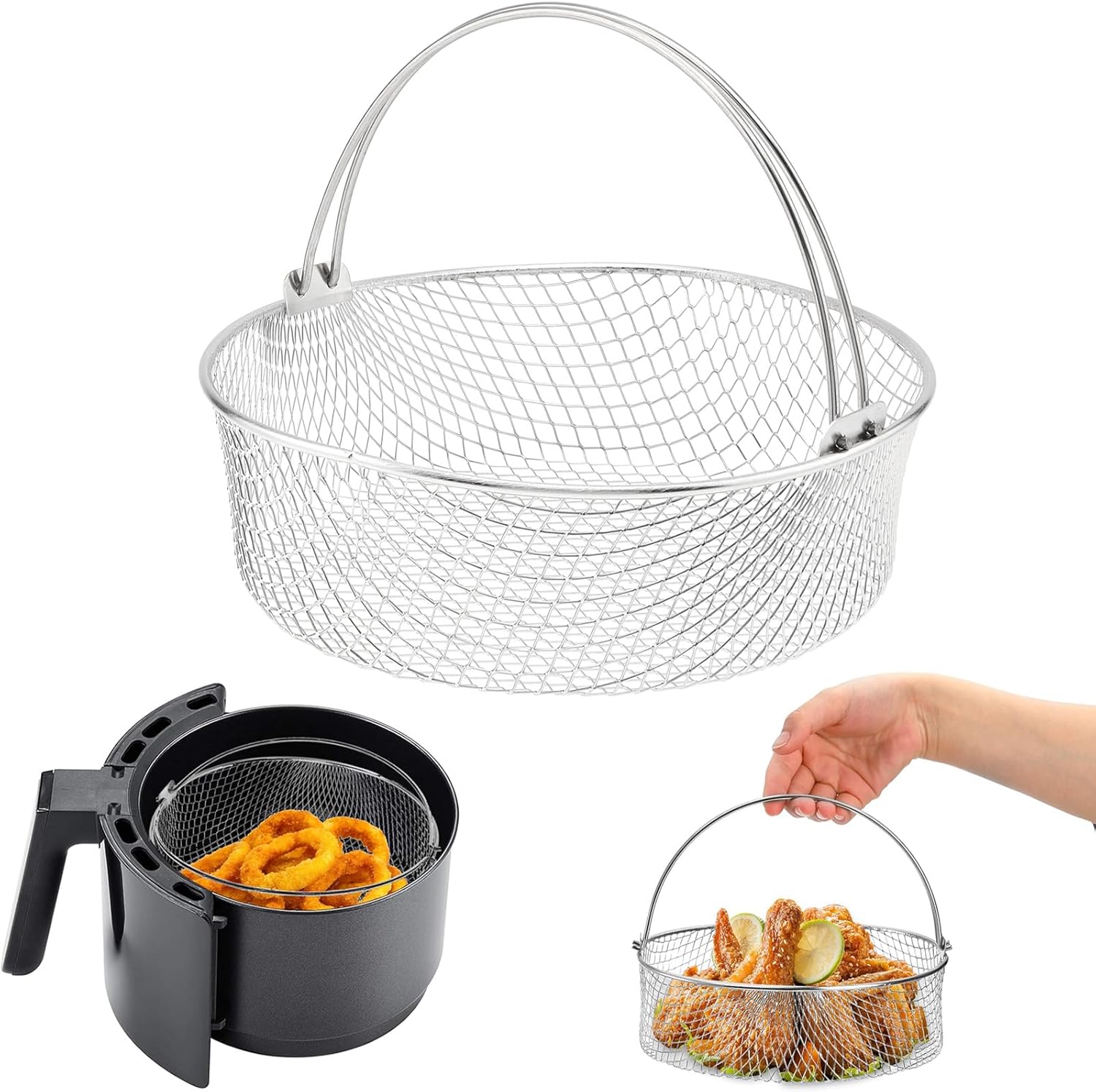 Panier de friteuse à air de 20,3 cm - Accessoire de rechange en maille avec poignée - Panier rond en acier inoxydable 18/8 pour friteuse à air, casserole instantanée, four, cuiseur vapeur, panier de