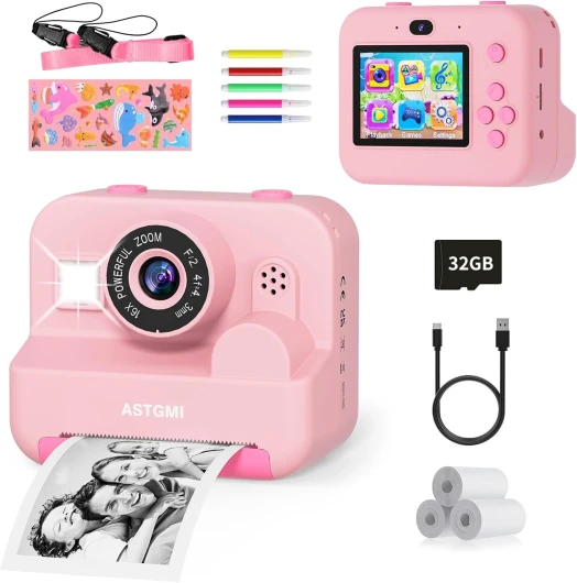 ASTGMI Appareil Photo Instantané, 2.4" Écran Appareil Photo Enfant avec Papier d'impression et Carte 32GB, Mode Selfie et Video, Cadeau Jouet pour Enfant Garçons Filles de 3-14 Ans(Rose)