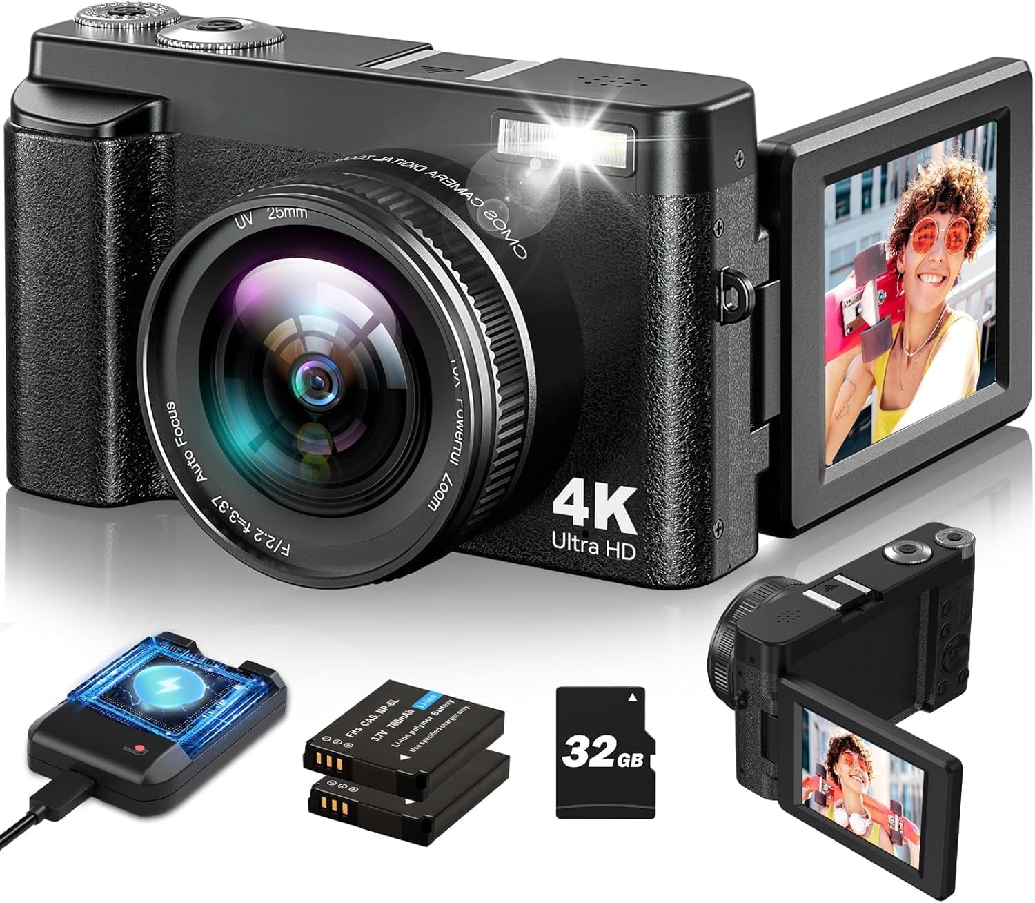 Appareil Photo Numérique 4K 48MP avec Ecran 3'' Rabattable de 180° Appareil Photo Compact Autofocus 16X Zoom Flash Intégré 20 Filtres Camera Digital avec 2 Batterie, 1 Carte de 32G black