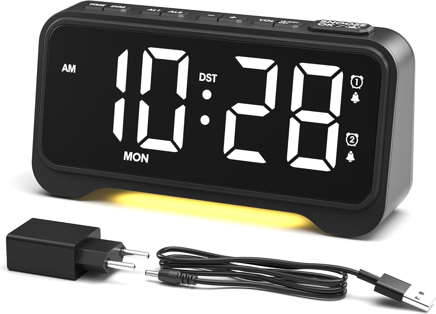 ROCAM Réveil Numérique, Réveil Simple avec Gros Chiffres, Gros Boutons, Luminosité Réglable de 0% à 100%, Veilleuse Plus Faible, Deux Alarmes, Mode Week-End, Mémoire d'extinction Noir-numérique Blanc