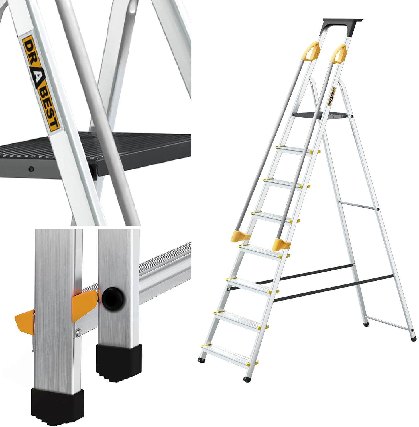 ÉCHELLES SÉRIES Pro Escabeau Ménager 8 Marches en Aluminium avec Mains Courantes 150 KG Escabeau en Aluminium Echelle Multifonctions - 52X239X12 Cm