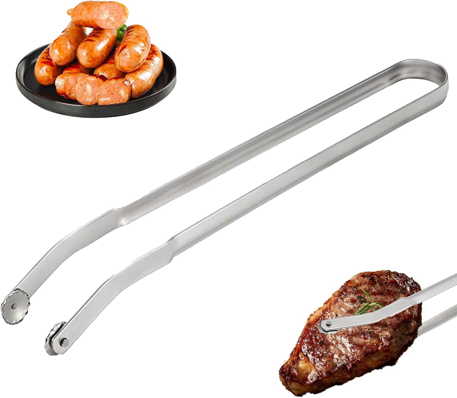 YEJAHY Pince à barbecue rotative en acier inoxydable de 38 cm - Longue pince de cuisine - Pour la cuisson, les saucisses et les saucisses