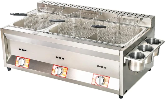 Friteuse à gaz professionnelle, friteuse à gaz professionnelle, friteuse à gaz GPL en acier inoxydable, friteuse à gaz à double cylindre avec panier et couvercle, friteuse à frites de poulet en acier