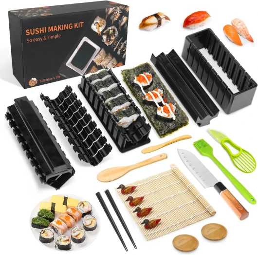 MLRYH Sushi Maker Kit, 20 pcs DIY Kit Sushi Complet pour Les Débutants avec Tapis à sushi,Baguettes,Trancheuse d'avocat,Pagaie, épandeur,Couteau à Sushi,Porte-baguettes,Plats à Sauce,Brosse - 21 PCS