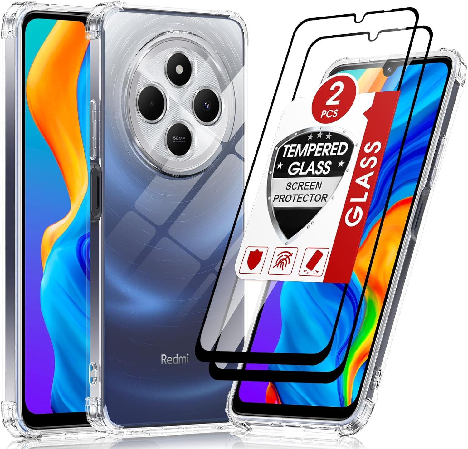 Coque pour Xiaomi Redmi 14C/14 C avec 2 Verre Trempé Vitre Protection, Etui Ultra Mince Housse Silicone Souple Bumper Antichoc Étui pour Redmi 14C, Trasparente