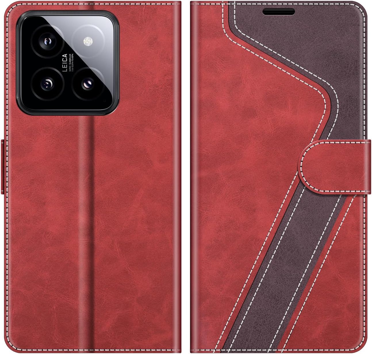 Coque pour Xiaomi 14, Housse en Cuir Magnétique Fonction Stand Étui pour Xiaomi 14, Élégant Rouge