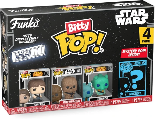 Bitty Pop! Star Wars - Han Solo™, Chewbacca™, Greedo™ et Une Mini-Figurine Mystère en Surprise - 2.2 Cm Collectionnable - Étagère Empilable Incluse - Idée de Cadeau - Produits Officiels Taille unique