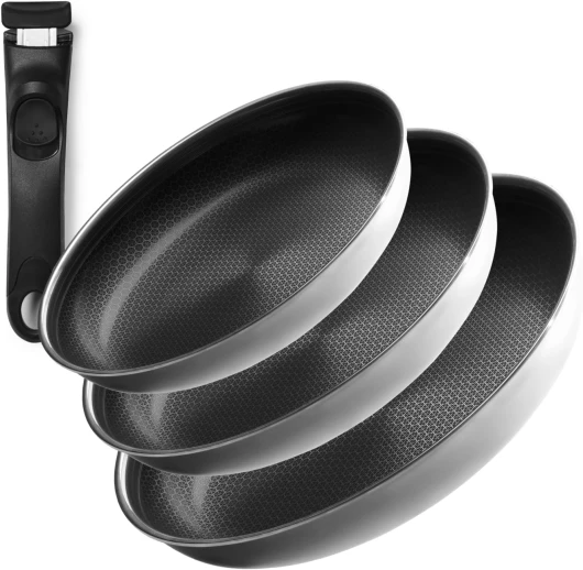 ONYX - Lot de 3 poêles à frire - 24 cm, 26 cm et 28 cm - Avec poignée amovible - Poêles antiadhésives à induction - Batterie de cuisine peu encombrante - Passe au lave-vaisselle et sans PFAS - Passe