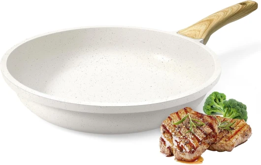 Poêle à frire antiadhésive en céramique - 24 cm - Saine et non toxique - Adaptée à l'induction - Sans PFAS et PFOA - Passe au lave-vaisselle - Poignée froide Blanc 24cm