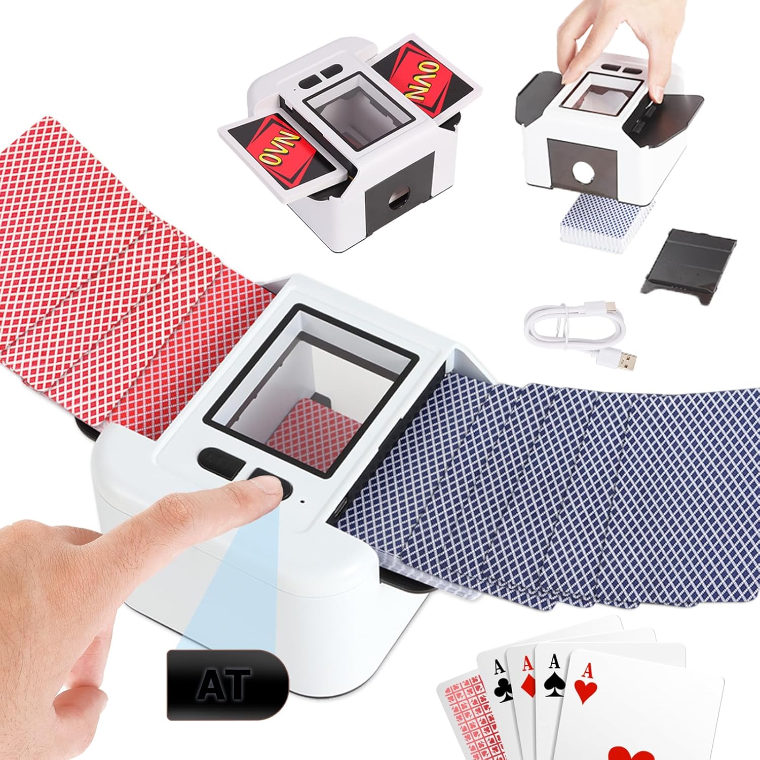 Mélangeur de Cartes Automatique Électronique 1-2 Jeux, 2000mAh USB Rechargeable mélangeur de carte pour UNO Poker Skyjo Blackjack Texas Hold'em, Portable Mélange silencieux et rapide, Auto/Manuel