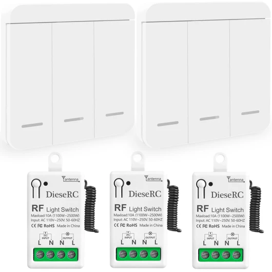 Interrupteur de Lumière Sans Fil, Interrupteur émetteur RF pour Panneau Mural de type 86 et Contrôleur-récepteur à Relais de 10 A, pour des Lumières Jusqu'à 1500 W 3 Récepteurs et 2 commutateurs