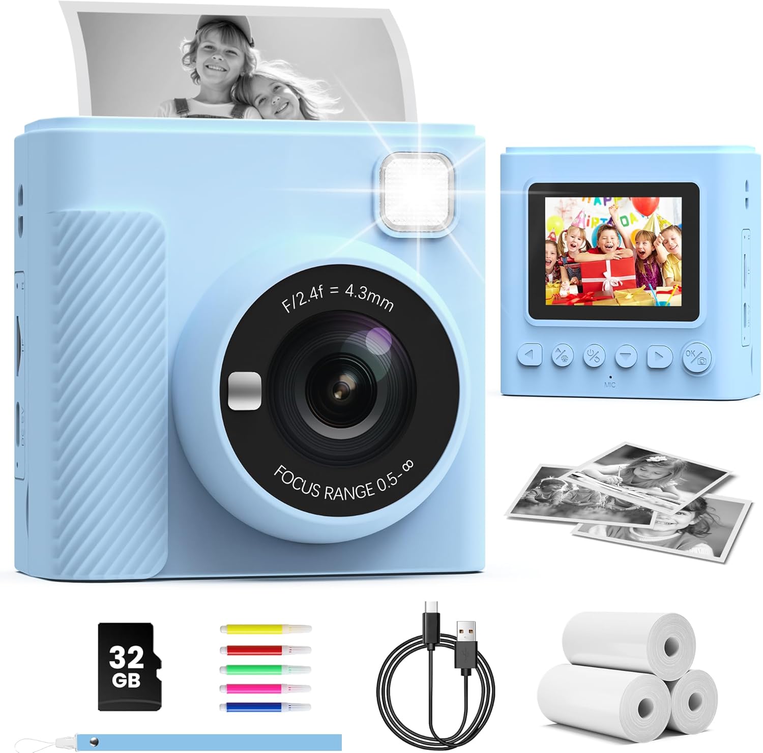 Appareil Photo Instantané Enfants, 1080P Appareil Photo Numérique Enfant & Caméra Vidéo avec Carte de 32GB & Rouleaux de Papier d'impression, Cadeaux pour Garçons & Filles de 3 à 12 Ans blue