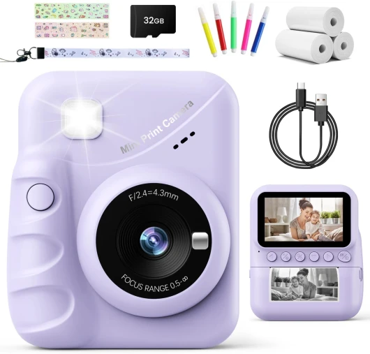 Appareil Photo Instantané Enfant, 3.0" Grand Écran 48MP 1080P HD Appareil Photo Numérique Enfant avec Carte 32GB et Papier Photo Imprimé,Cadeau pour Filles Garçons 3-12 Ans purple