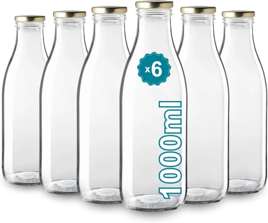 Lot de 6 Bouteilles en Verre Vides de 1000 ml avec Couvercle - Bouteilles en Verre pour Jus, Lait, Barbecue, Sauces - Idéales pour Pique-niques, Mariages et Fêtes Pack 6 - 1000ml