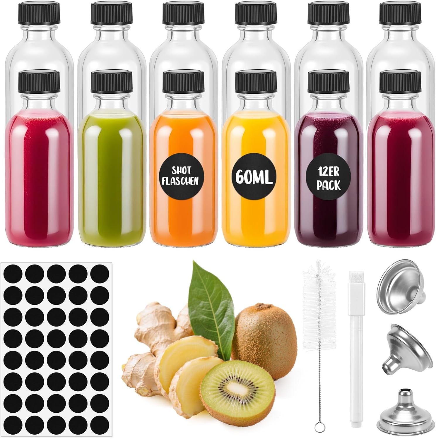 HOMIKLSA 12 Petites Bouteilles Shot de 60ml avec Entonnoir, Étiquettes & Stylo, Mini Bouteilles en Verre pour Shots de Gingembre, Huiles Essentielles & Spiritueux