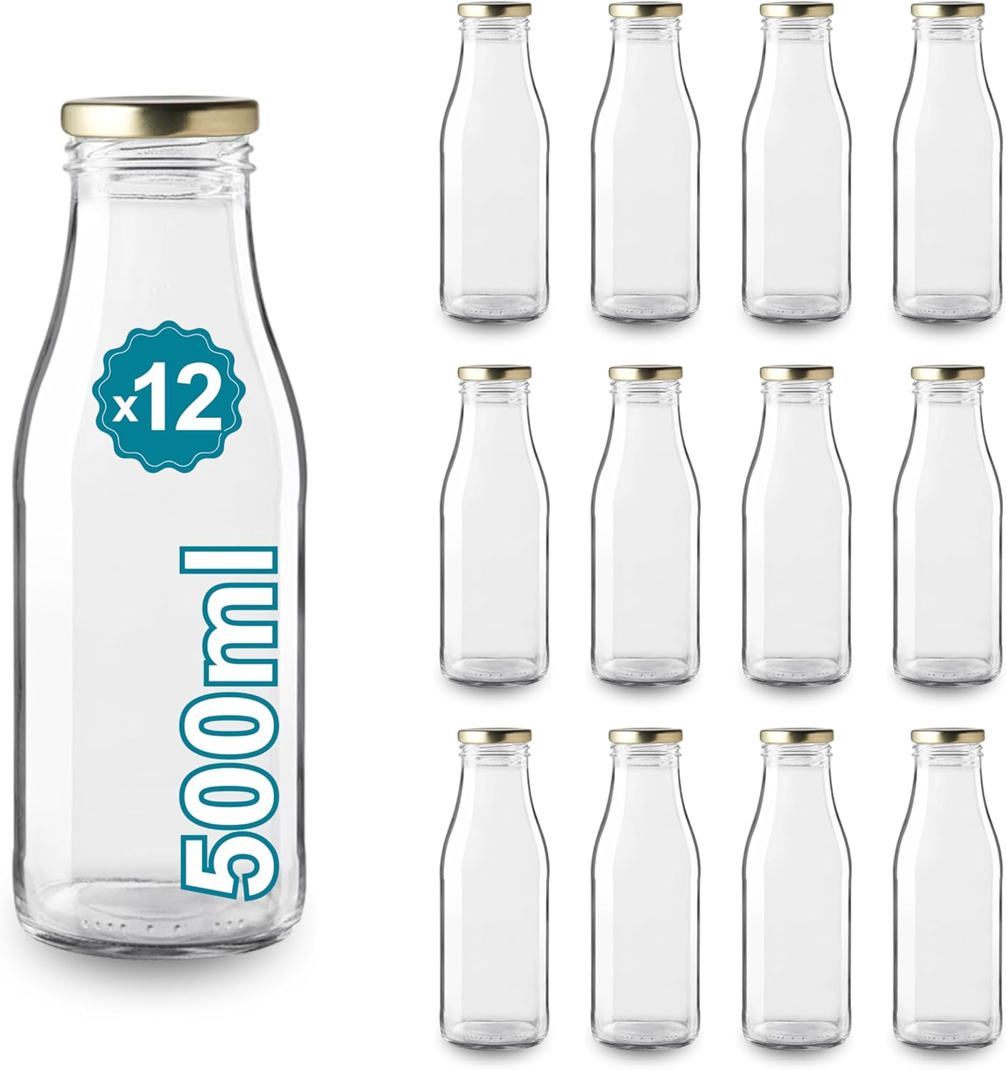 Lot de 12 Bouteilles en Verre Vides de 500 ml avec Couvercle - Bouteilles en Verre pour Jus, Lait, Barbecue, Sauces - Idéales pour Pique-niques, Mariages et Fêtes Pack 12 - 500ml