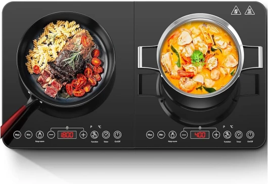 Aobosi Plaque Induction, 2 Feux avec Panneau en Cristal Noir, Plaque à Induction Portable avec 10 Réglages de Température, Minuterie de 4 Heures, 3500W, Verrouillage de Sécurité 59*31*6.8 Noir