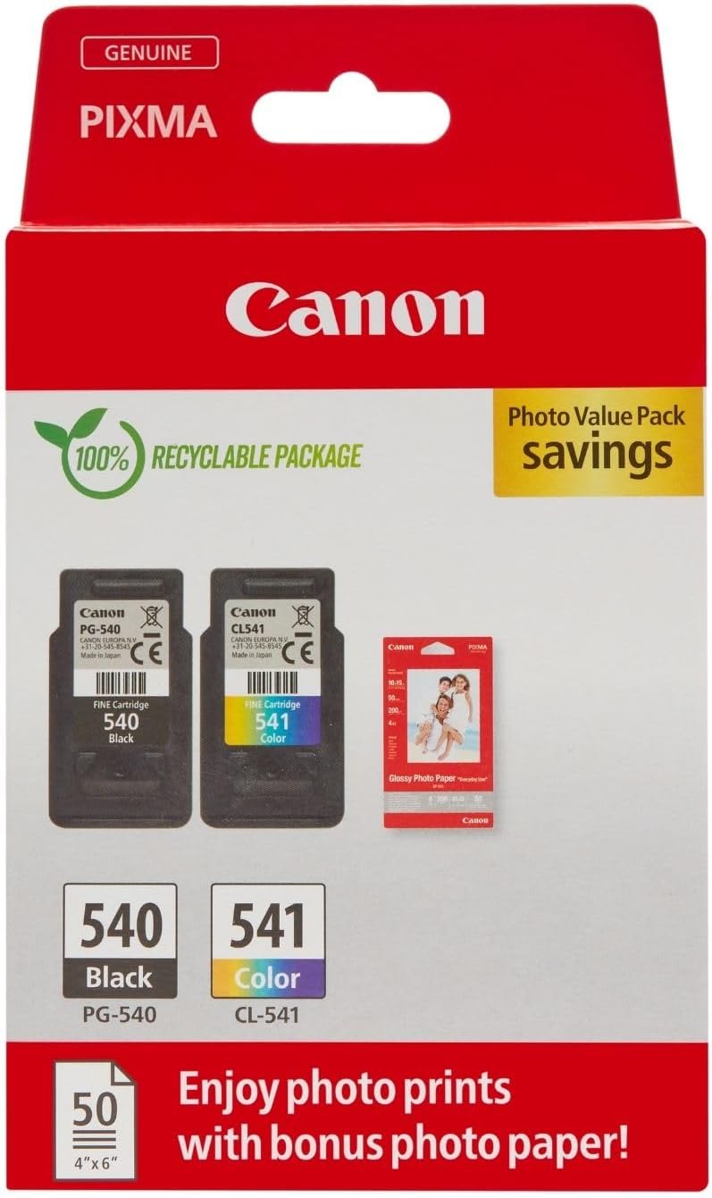 Pack Encre & Papier - PG-540/CL-541 Cartouches d'encre Authentiques pour imprimante - 2 Packs (1 x Noir, 1 x Couleur) & Papier Photo 4x6 (50 x Feuilles) Carton Recyclable 2024