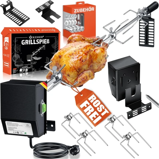 KESSER® Set de brochettes universelles en acier inoxydable 107 cm pour barbecue à gaz Weber Spirit avec 4 aiguilles à viande, pince à viande, poignée et moteur - Broche électrique 220 V - 240 V - Noir