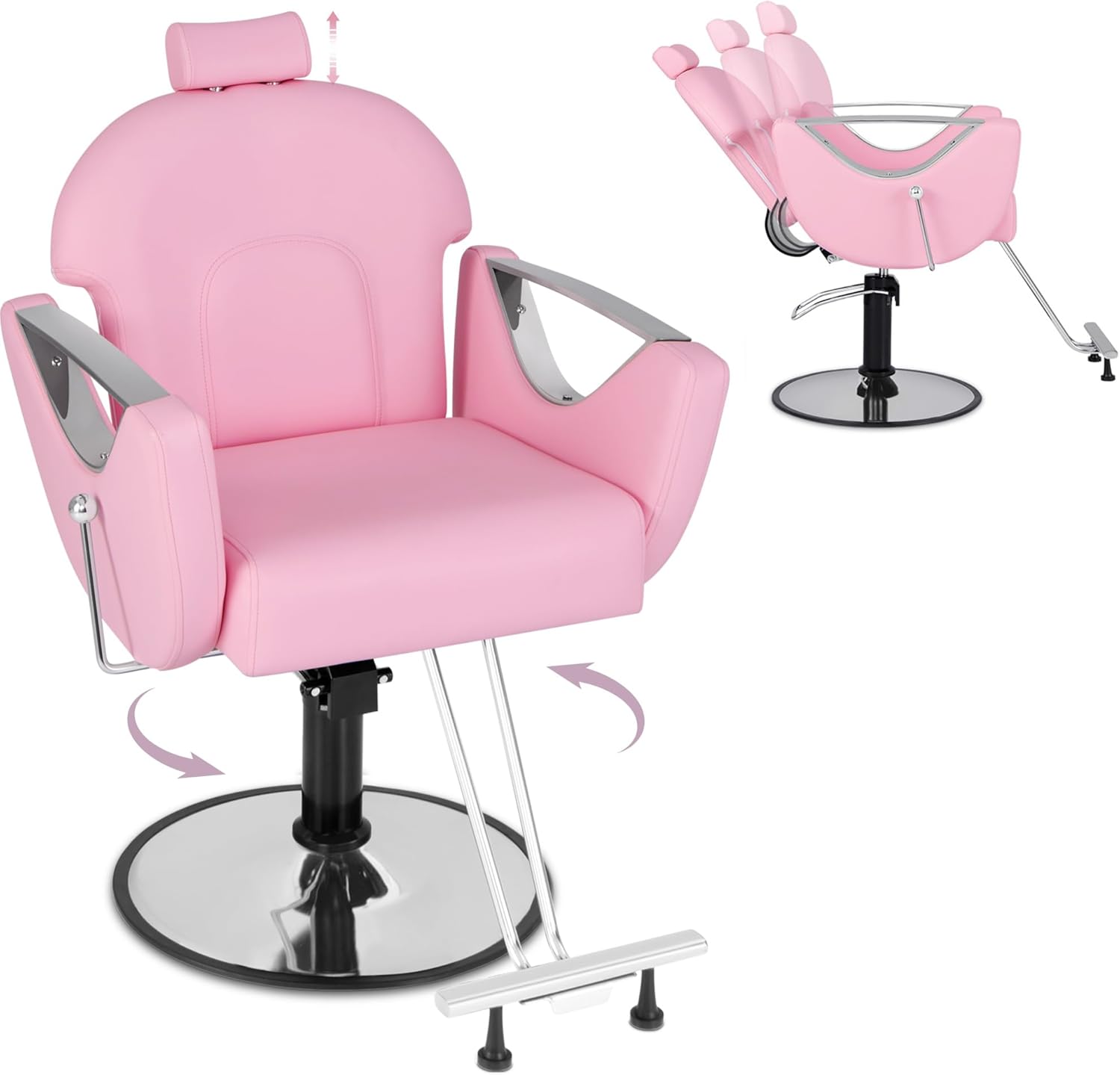 Fauteuil Coiffure Inclinable - Chaise de Barbier Pivotante - Hauteur Réglable - Appuie-Tête Amovible - Repose-Pieds - Simili Cuir - Fauteuil Coiffeur Pro pour Salon de Coiffure, Barbershop Rose