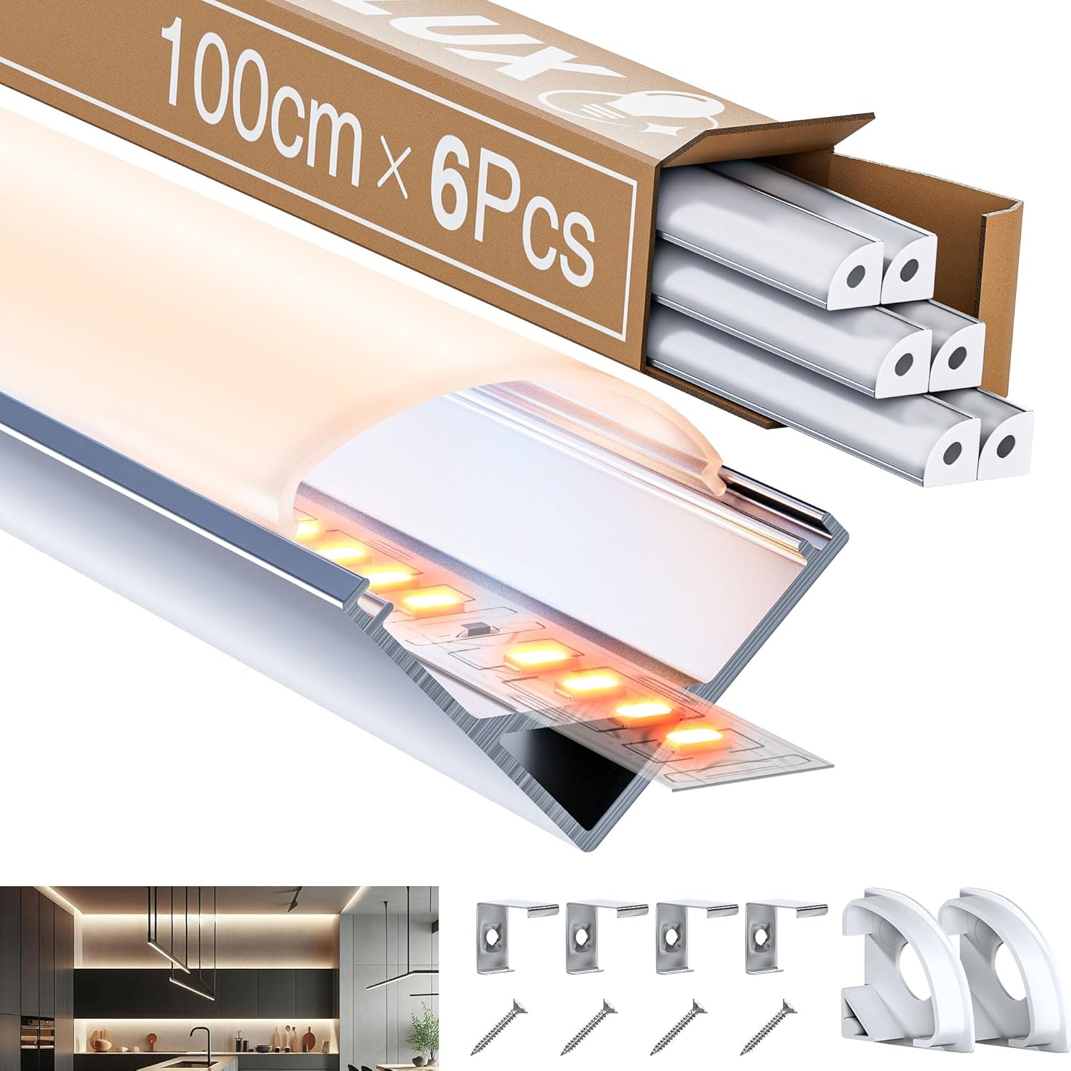 LASLUX Profilé LED Angle Aluminium 6 × 1M – Rail en V découpable pour bande LED avec diffuseur embouts et clips de montage en métal (V-1M, 6) 6 V-1M