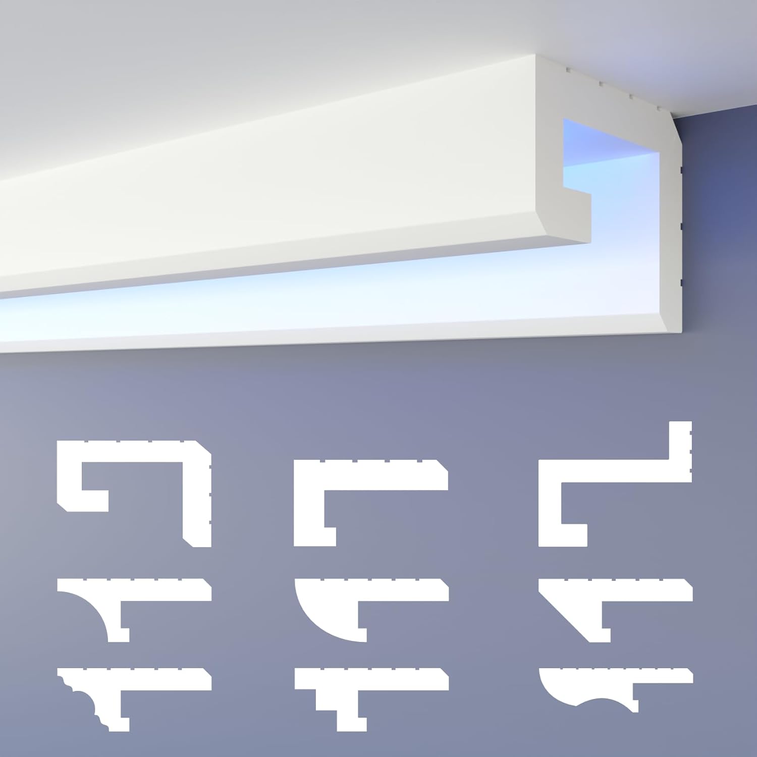 Profilé de joint d'ombre LED HEXIMO Plinthes, éclairage indirect XPS-styrofoam pour plafond sec Plinthes pour revêtement de plafond mural (1,7 mètre HLED 2) Hled-2 - 56x70 Mm 1.7 mètre / 1 latte