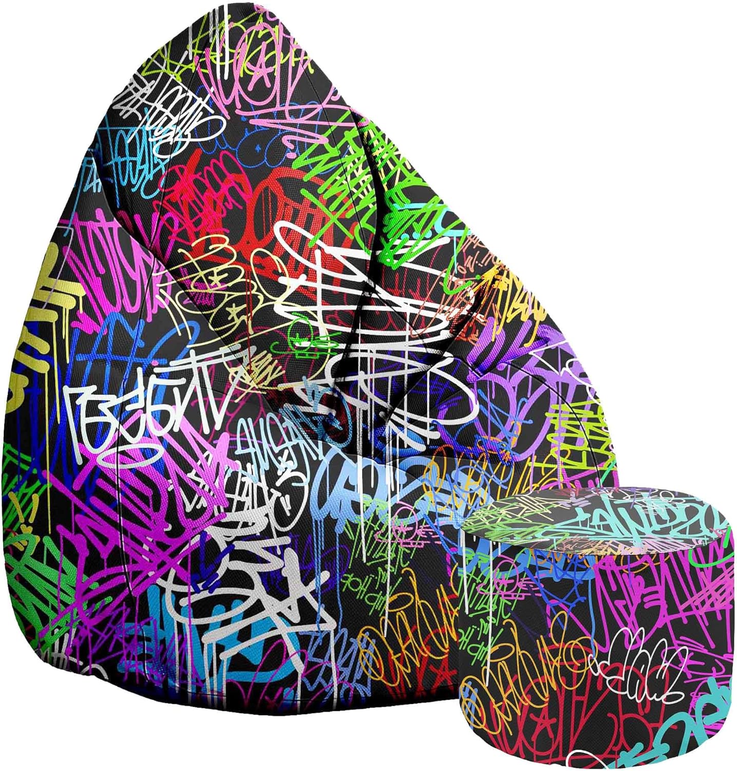 Pouf Chambre avec Tabouret et Sac de Protection - Pouf Poire Adulte ou ado Gamer - Bean Bag Chair avec Remplissage Velvet Graffiti