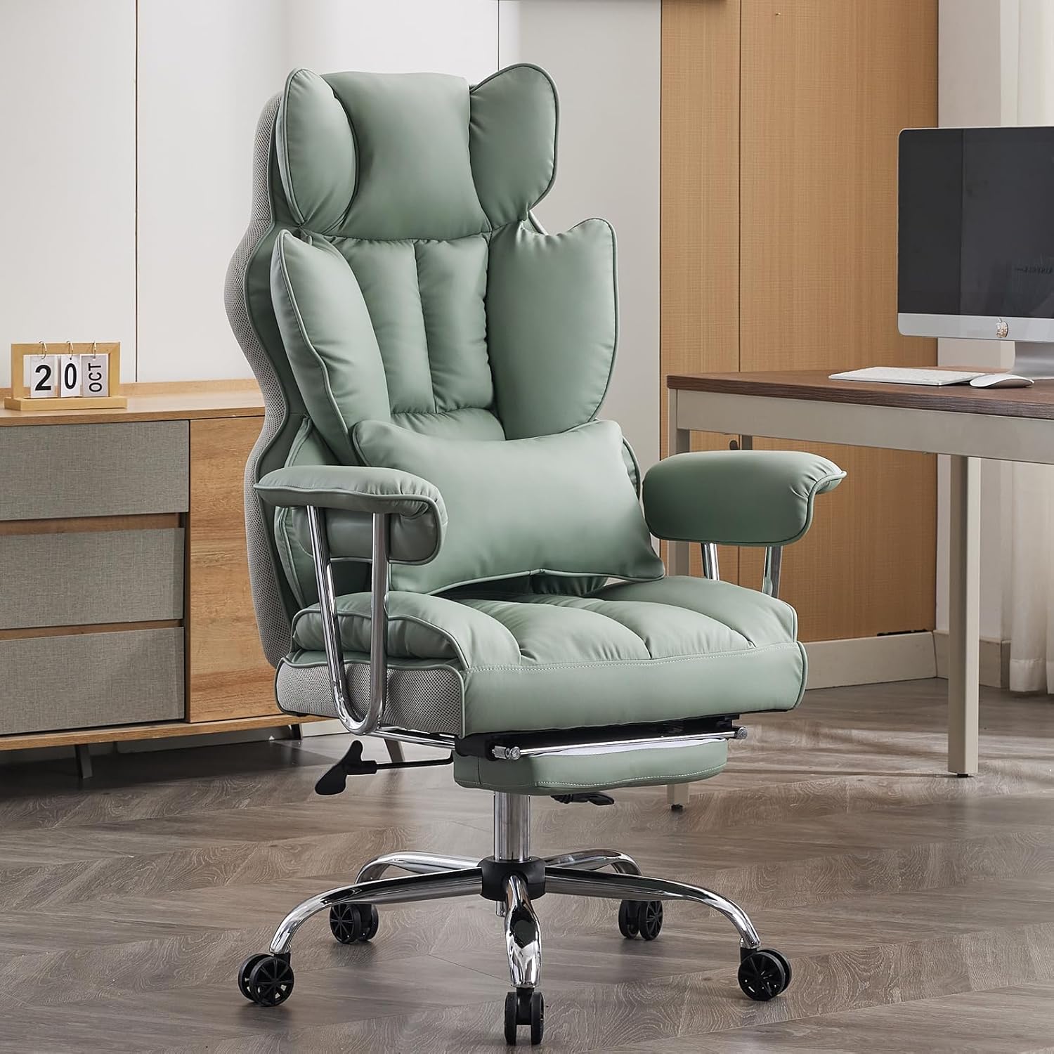 Efomao Chaise Bureau, Fauteuil de Bureau en Cuir PU, Chaise Ergonomique avec Pouf et Support Lombaire, Chaise de Bureau à Dossier Haut réglable, Vert Clair Fr Light Green