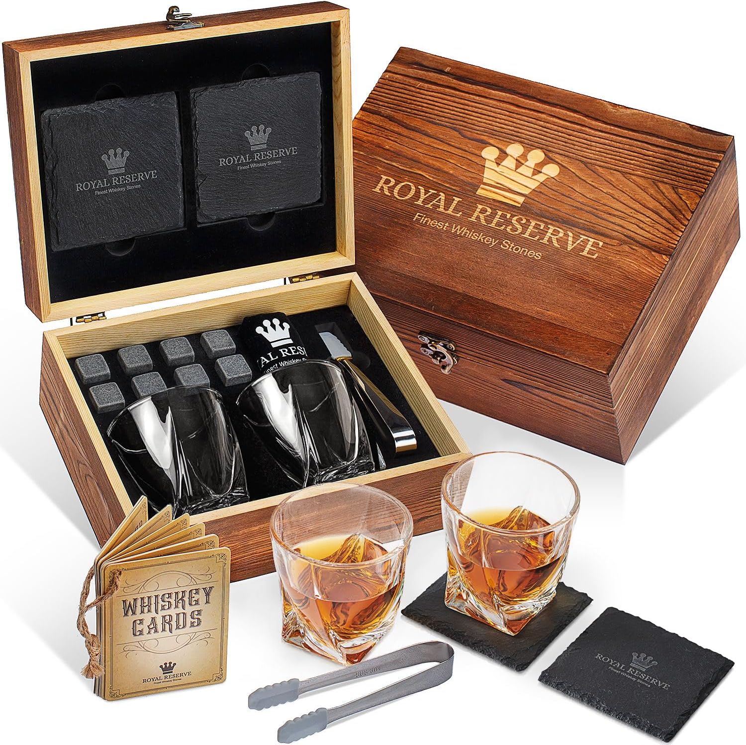 Coffret Whisky Cadeau – Verres, Glacon Pierre Reutilisable, Dessous de Verre, Pinces à Glace, Boîte en Bois, Cartes Recettes, Sac en Velours – Service a Whisky pour Homme de Royal Reserve Verres - Torsadé
