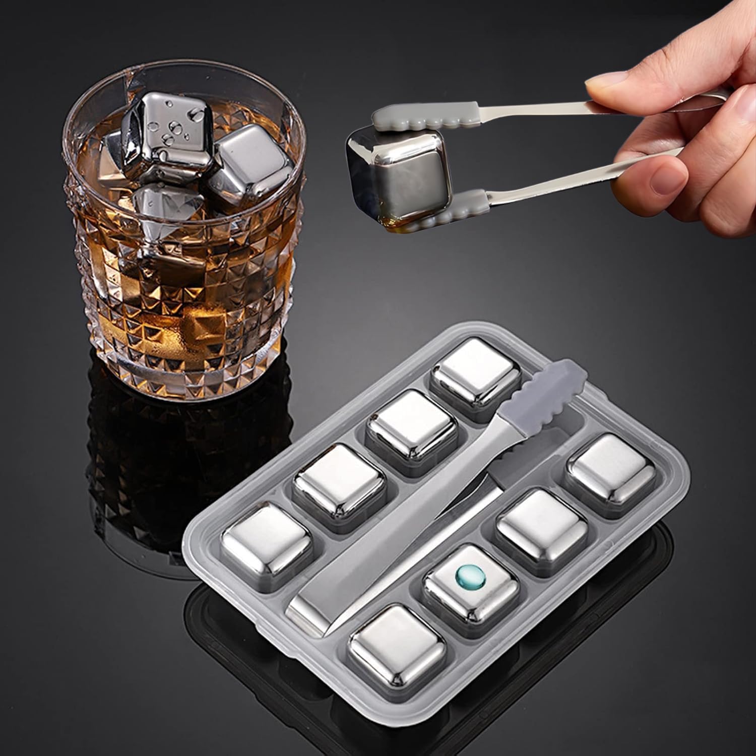 Glaçons congelés en acier inoxydable,Lot de 8 pierres à whisky+Clip,glaçons réutilisables,Qualité alimentaire Glaçons en acier inoxydable réutilisables,Pour whisky,vin,jus de boisson ou limonade