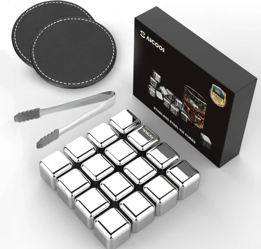 Lot de 16 Glacon Reutilisable - Glacons Pierre a Whisky - Glaçons Réutilisables en Acier Inoxydable, Metal Whiskey Stones pour Cadeaux de La Fête des Pères pour Les Hommes Mari et Papa