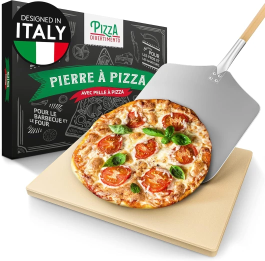 Pizza Divertimento Pierre à pizza pour four - Avec pelle à pizza en bois - Pierre pizza en cordiérite - Pour une base croustillante et une juteuse