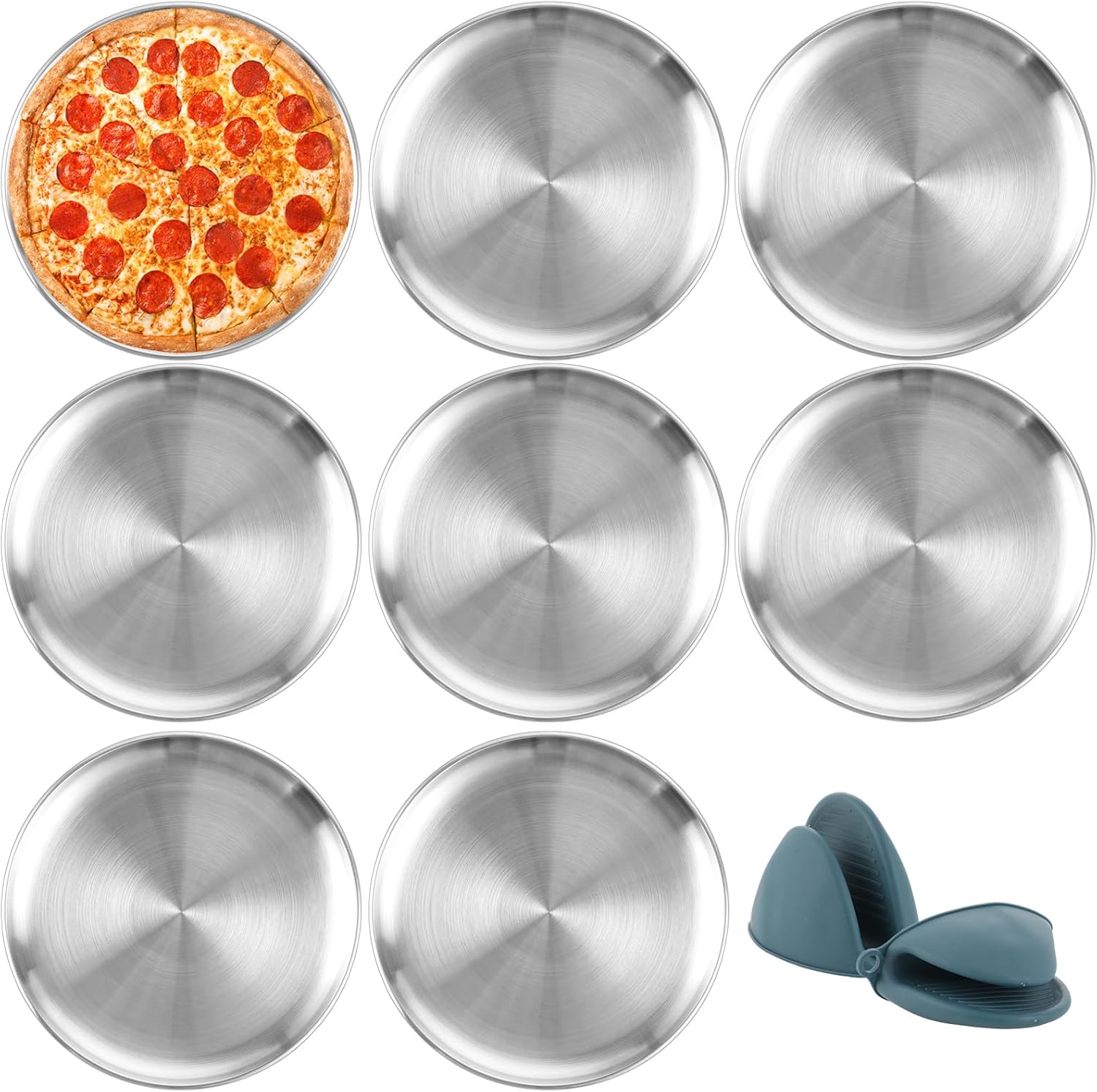 Lot de 8 Plaque Pizza Four, Plaque Pizza 30cm avec des Gants en Silicone, Plat Pizzas Rond en Acier Inoxydable pour La Cuisson au Four