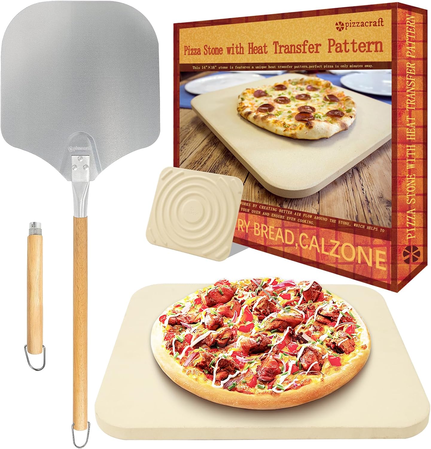 Set Pierre à Pizza et Pelle – Pierre Rectangulaire pour Cuisson au Four et au Grill (35 x 40 cm), Design Innovant de Transfert de Chaleur Fileté, Idéal pour la Cuisson du Pain et des Pizzas