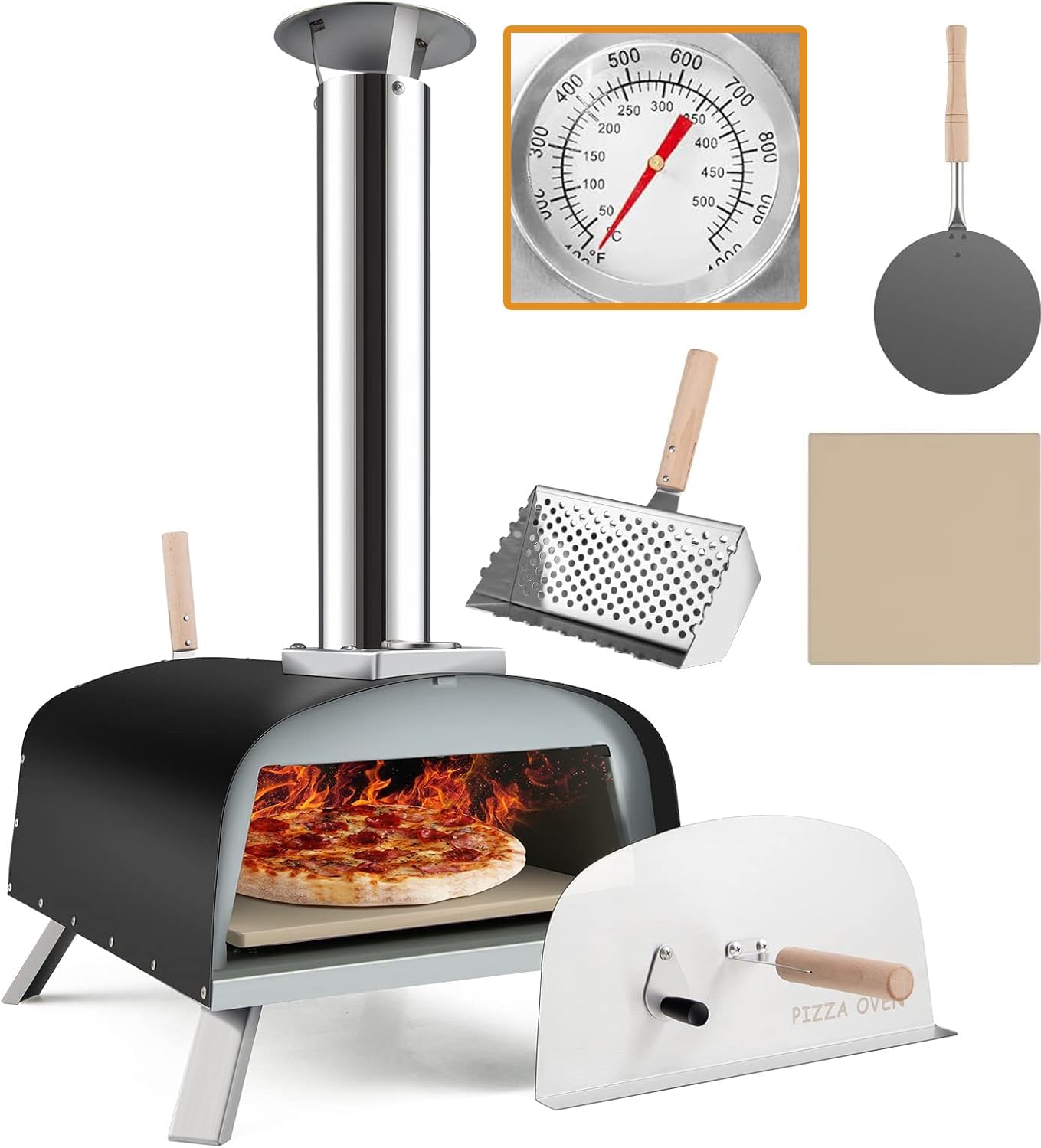 Four à Pizza Extérieur à Bois ou à Pellet, avec Thermomètre, Pelle à Pizza, Pierre à Pizza de φ33CM, Température Max - 450 ℃, pour Jardin, Camping, Fête