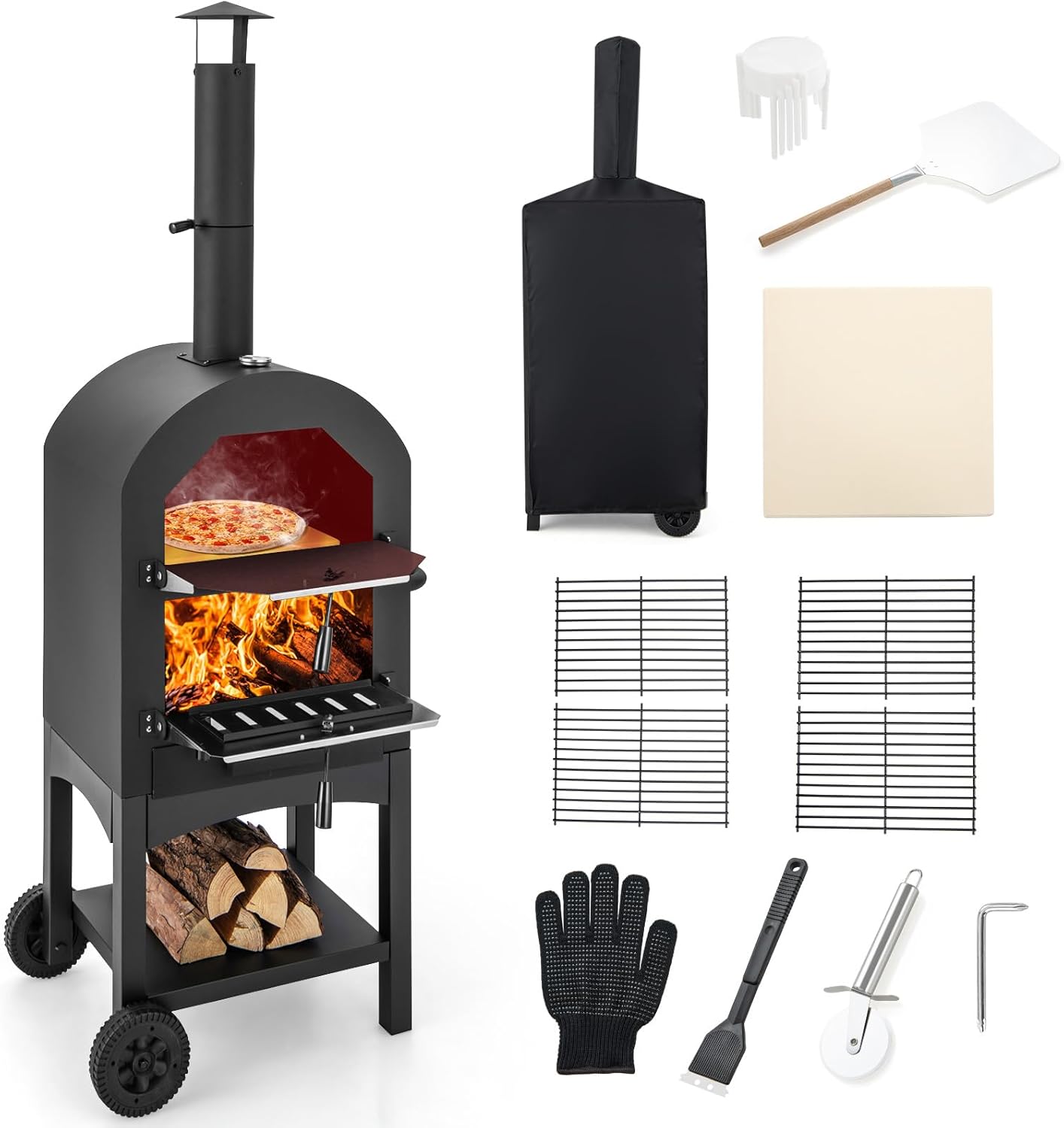 Four à Pizza Extérieur avec Thermomètre Intégré, Grill à Pizza Mobile avec Poignée et Roues Pratiques Couvercle Etanche Tiroir de Collecte des Cendres, pour Cour Jardin Patio, Noir