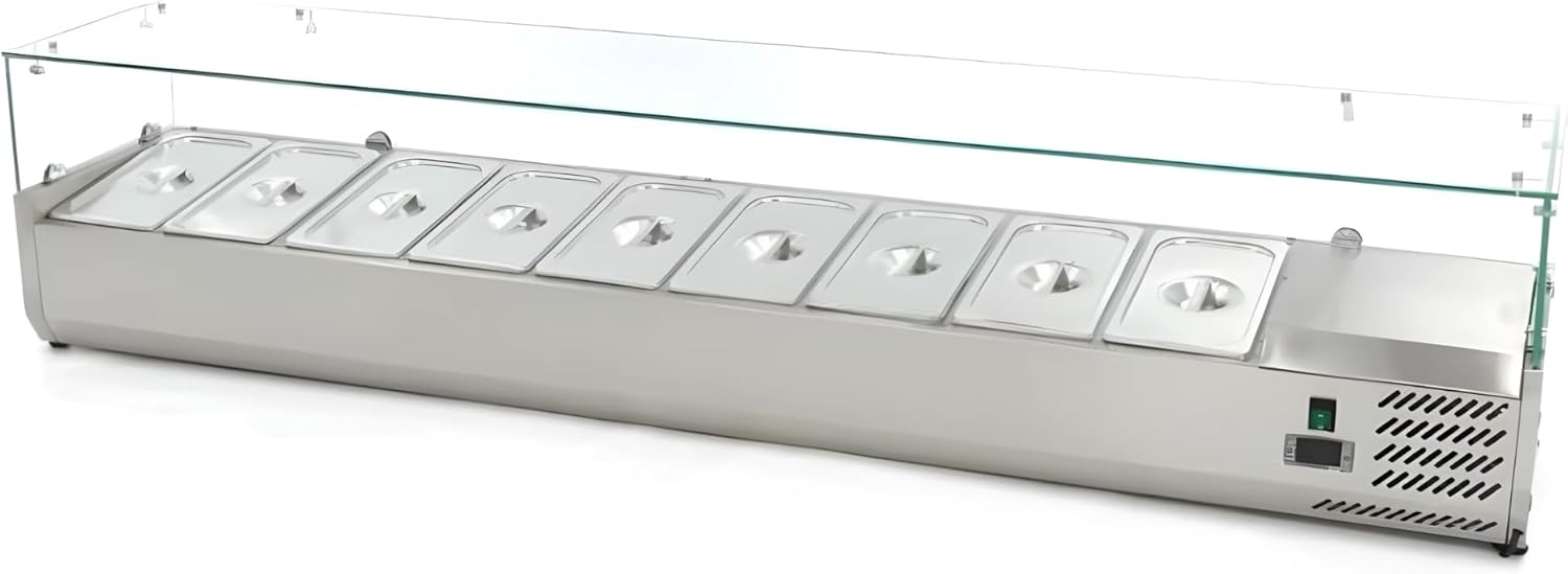 Vitrine Saladette Réfrigérée 200 cm – Capacité 9 Bacs GN 1/3 – Froid Ventilé – Acier Inoxydable – Idéale pour Pizzerias et Restaurants