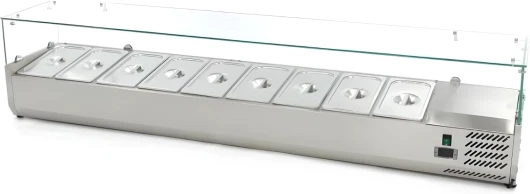 Vitrine Saladette Réfrigérée 200 cm – Capacité 9 Bacs GN 1/3 – Froid Ventilé – Acier Inoxydable – Idéale pour Pizzerias et Restaurants