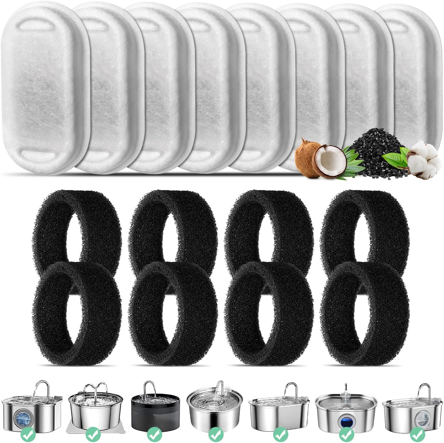 Filtre Fontaine Eau Chat, 8 pièces Filtres De Remplacement pour 3,2L/2L Fontaine à Eau pour Chat en Acier Inoxydable, 8 Filtres avec Charbon Actif et 8 Filtres en Mousse pour Fontaine pour Chat 8-Pack