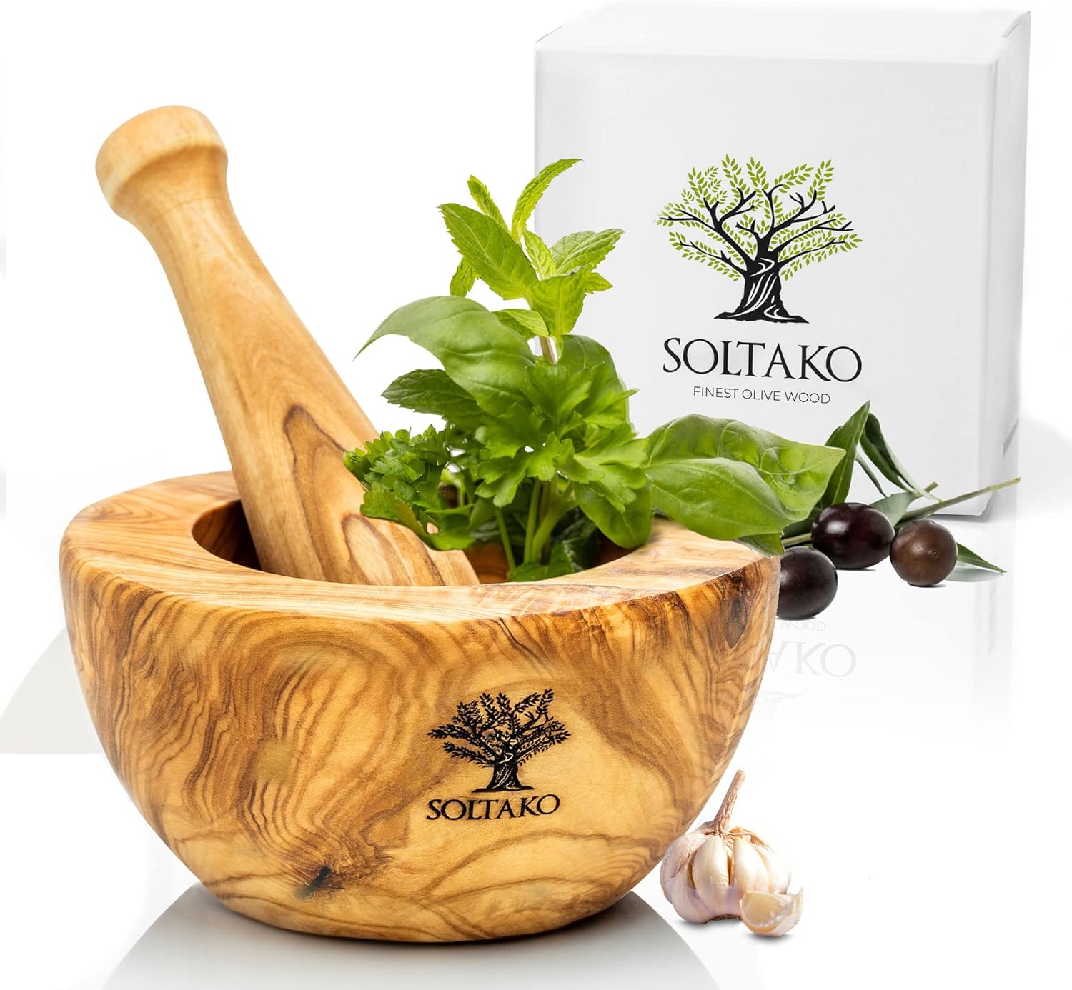 Mortier et Pilon - Ensemble de Mortier et Pilon en Bois d'Olivier - Broyeur pour Poivre, Épices - Mortier Africain - Bois d'Olivier Tunisien - Cuisine Artisanale Ø env.12cm aplati Ø 12cm