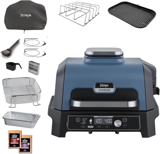 Woodfire Pro Connect XL Barbecue Électrique & Fumoir avec Contrôle d'Application, 2 Sondes, Grille, Housse, Revêtements & Brosse, Grill & Friteuse sans huile 7-en-1, Bleu & Noir OG901EUAMZ Woodfire Grill Pro Connect XL + Accessoires