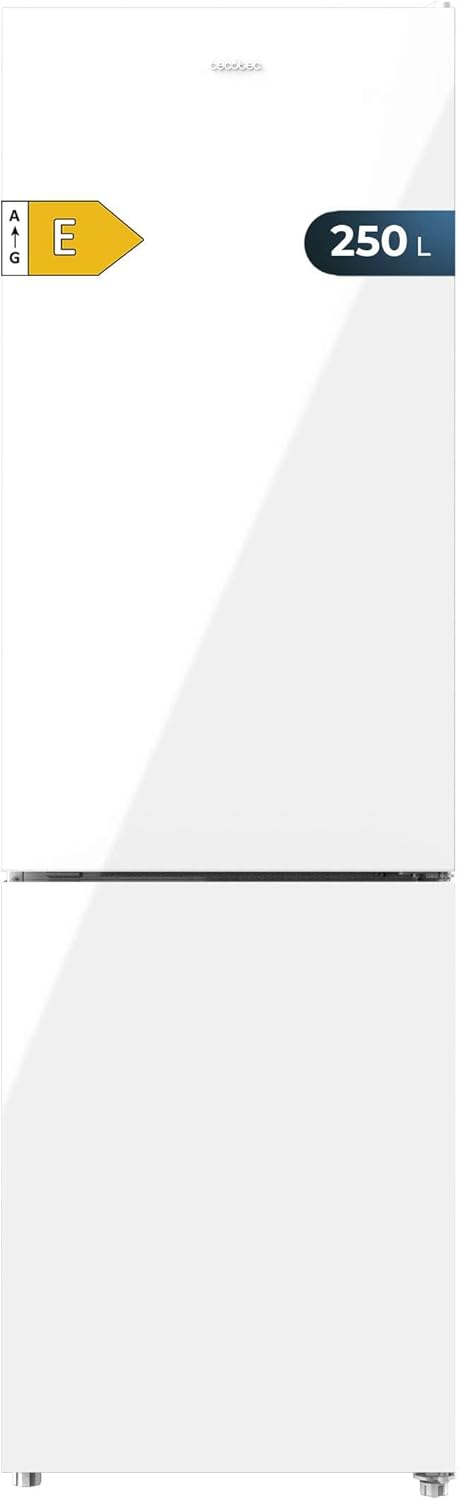 Réfrigérateur combiné Bolero CoolMarket Combi 250 White Glass E - Capacité de 250 L, Total No Frost, Multi Airflow, tiroir à humidité réglable, et casier à bouteilles horizontal - Cristal Blanc - Distributeur D'eau Classe E