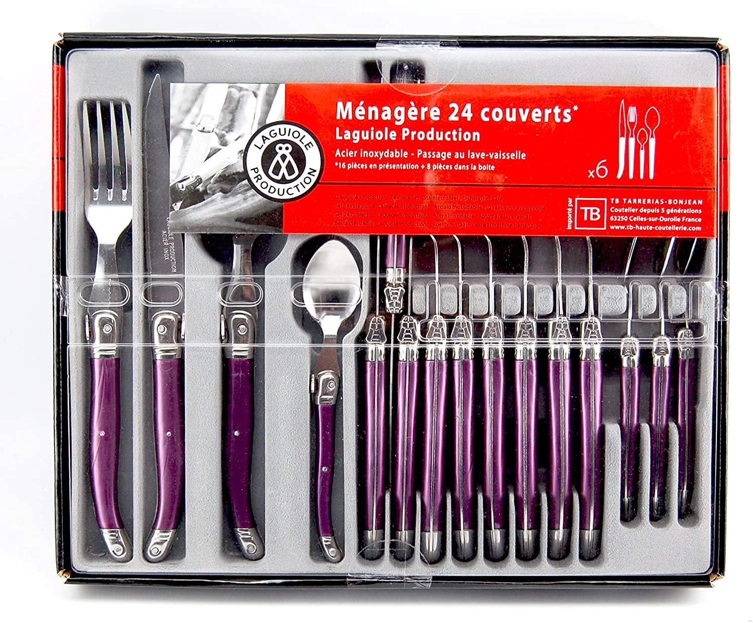Laguiole Production - Ménagère 24 pièces - Set de couverts de table acier inox et ABS pour 6 personnes - Présentation coffret cadeau - Couleur violet nacré pourpre Unique