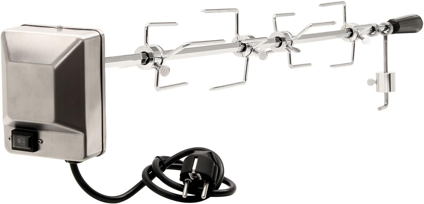 BBQ-TORO Set de brochettes pour Grill 100 cm - Comprenant 4 Aiguilles à Viande et Un Moteur en Acier Inoxydable, 220V - 240V - brochette rotative électrique, rôtissoire, brochette Universelle