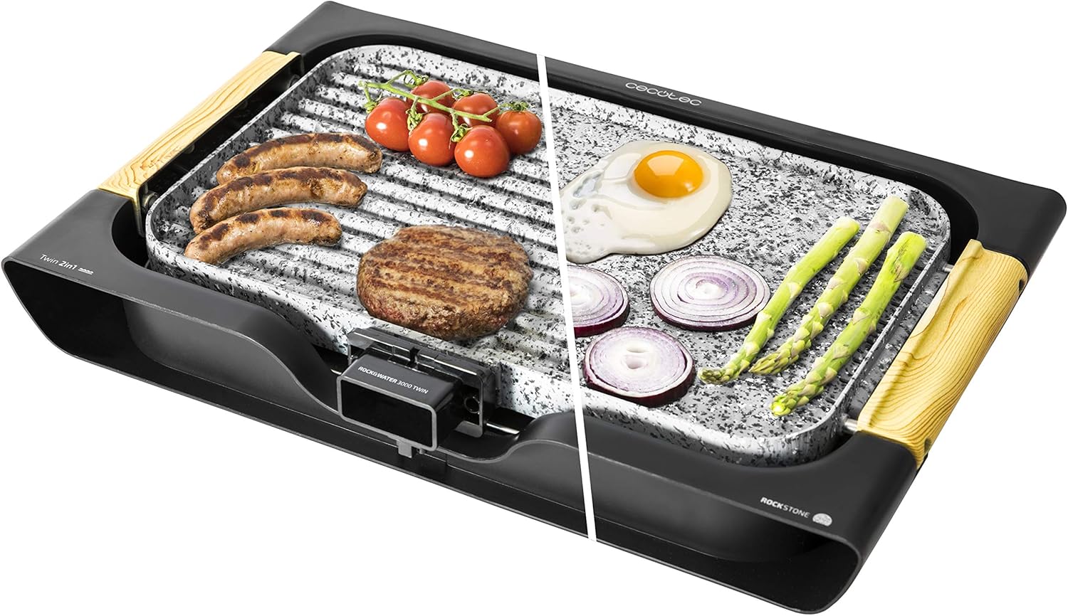 Rôtissoire électrique Rock&Water 2000 - Revêtement en pierre RockStone, thermostat réglable, lavable au lave-vaisselle, 40 X 20 (2200 W, Gris et noir) Plaques réversibles