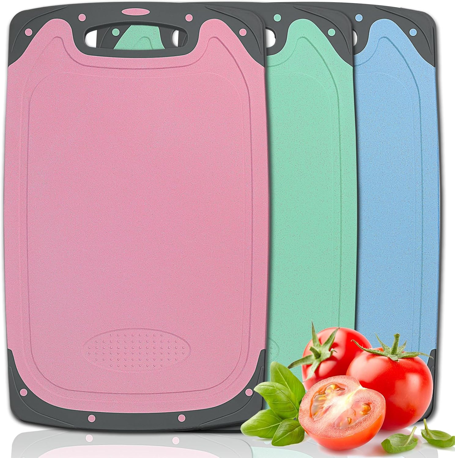 Planche a Decouper, Lot de 3 Planche à Découper Plastique Antidérapante avec Poignée & Rainure de Jus, Sans BPA, Planches à Découper de Cuisine Antibactérien pour Viande, Légumes, Fruits, 35x21cm Rose Vert Bleu