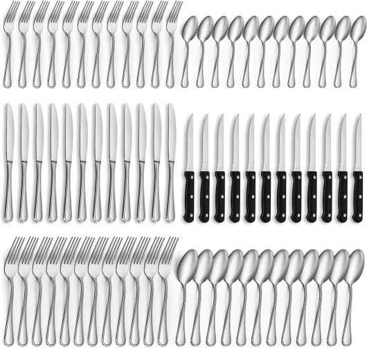 Couverts de table avec couteau a steak, 72 pièces couverts pour 12 personnes, couvert en argent comprenant cuillère, couteau, fourchette, lave-vaisselle poignée large 72 pièces