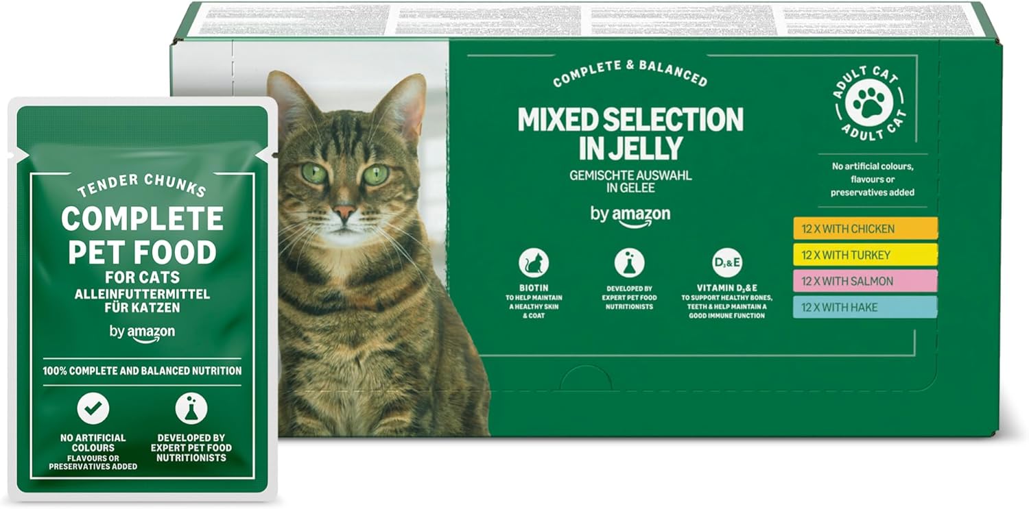 Nourriture complète sans céréales pour chats adultes, sélection variée en gelée, 4,8 kg (48 paquets de 100 g) Sélection Mixte 100 g (Lot de 48)