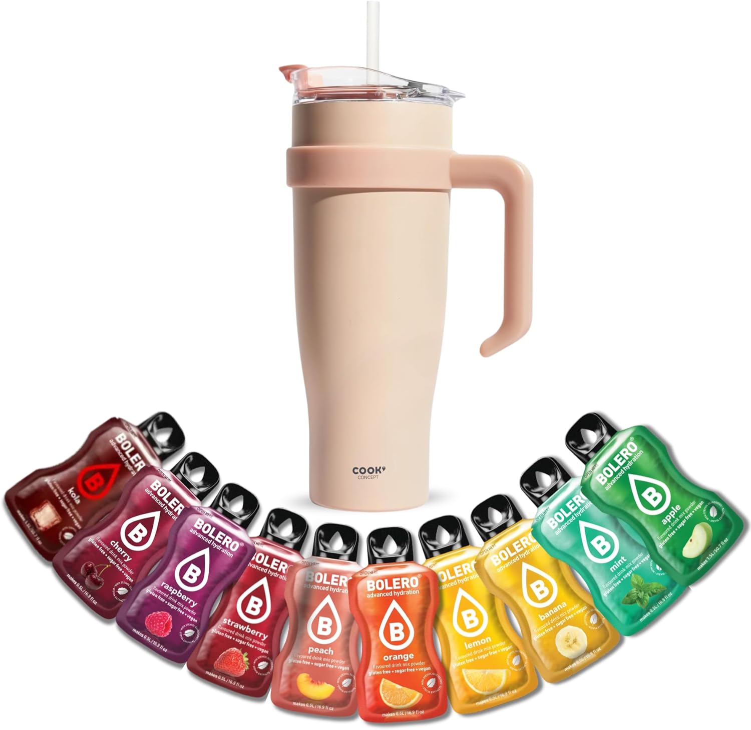 Mug Isotherme avec Paille et Poignée - Gourde XXL en Inox et 10 sticks 9g de poudre pour Boisson BOLERO saveurs classiques Sans Sucre ni Colorants Artificiels - Coloris Rose Saumon